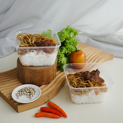 Nasi Campur Daging in 450 ml Transparent Square Thinwall